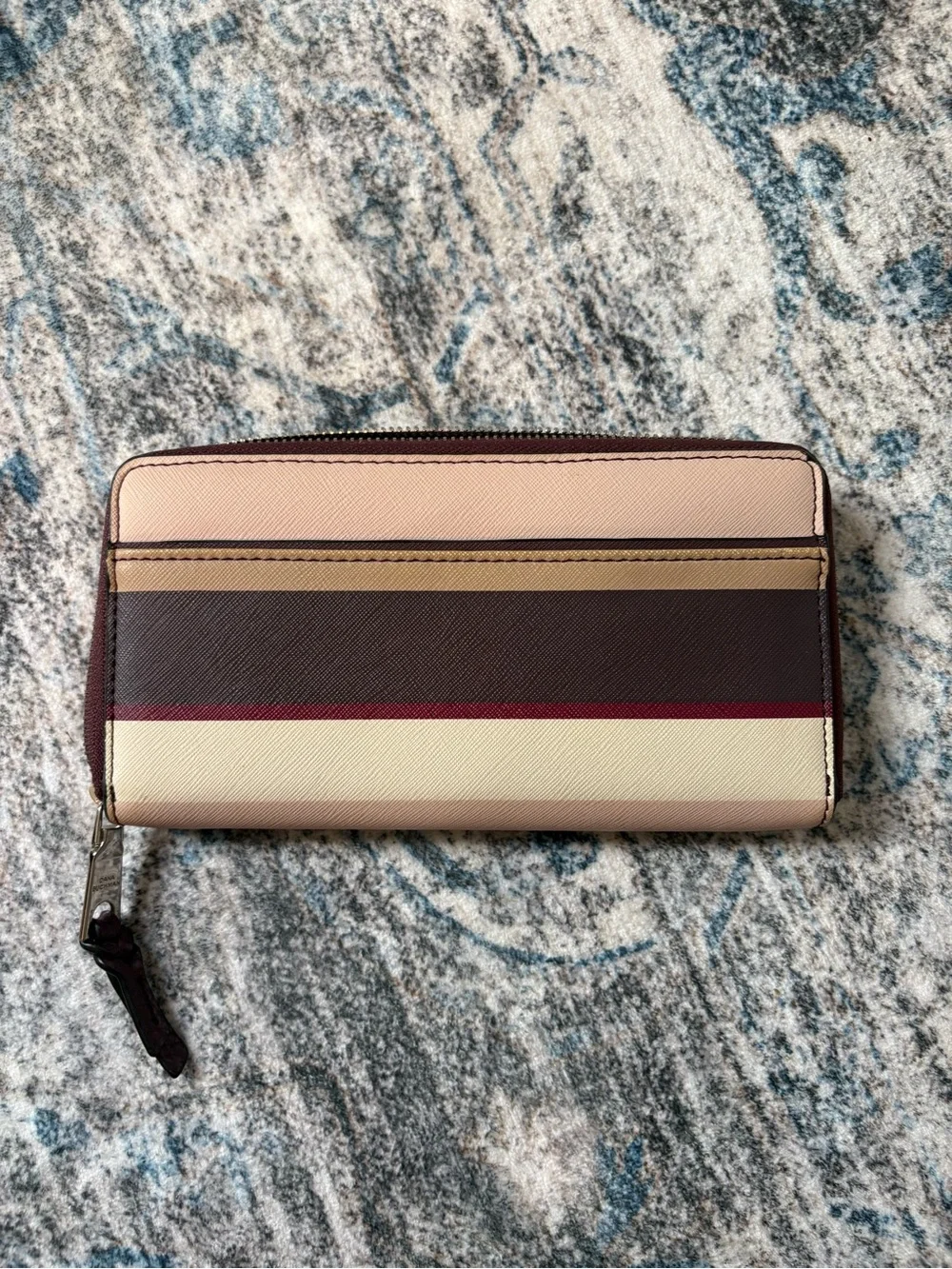 Dana Buchman Burgundy Pink Beige Striped Zip Wallet